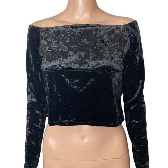 Topshop Crop Top Velour Womens Size 8 Black Stretch Off Shoulder New - Picture 1 of 9